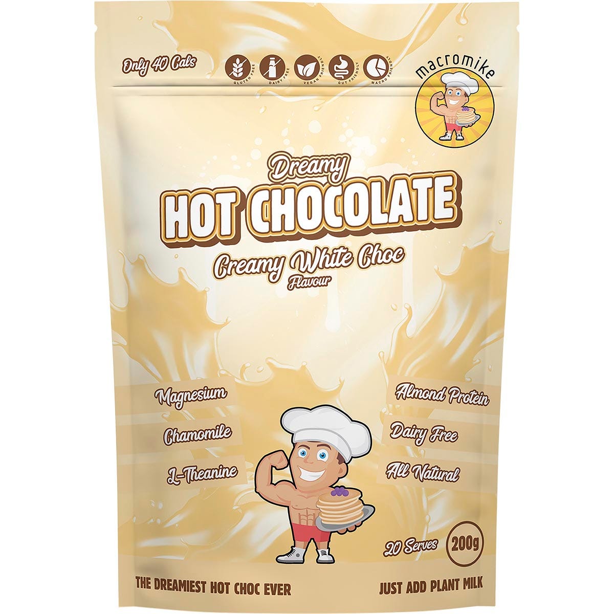 200g bag of Macro Mike Dreamy Hot Chocolate in Creamy White Choc flavor with a crescent moon and stars design.