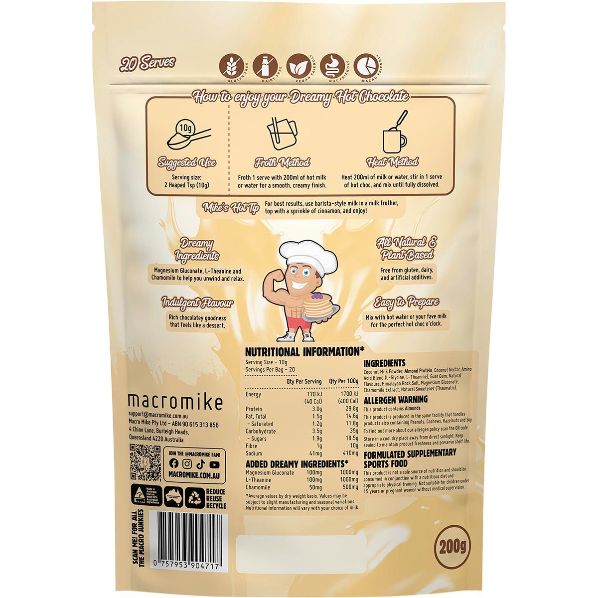 Back of Macro Mike 200g Creamy White Choc Dreamy Hot Chocolate bag with ingredients and nutritional facts.