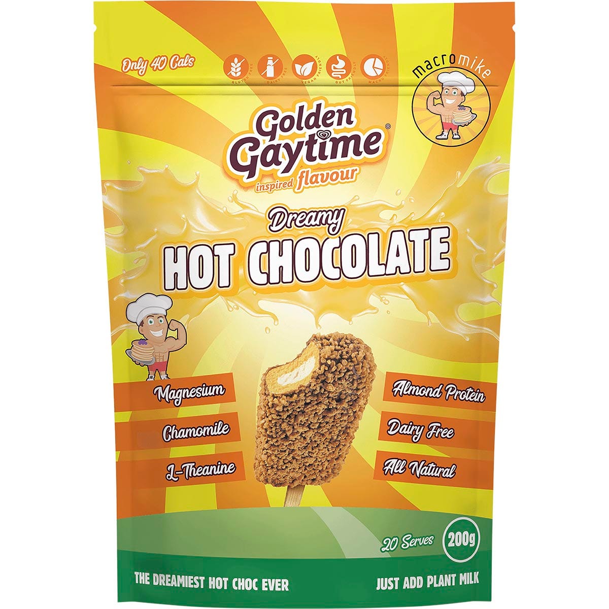 200g bag of Macro Mike Dreamy Hot Chocolate in Golden Gaytime flavor featuring iconic ice cream branding.