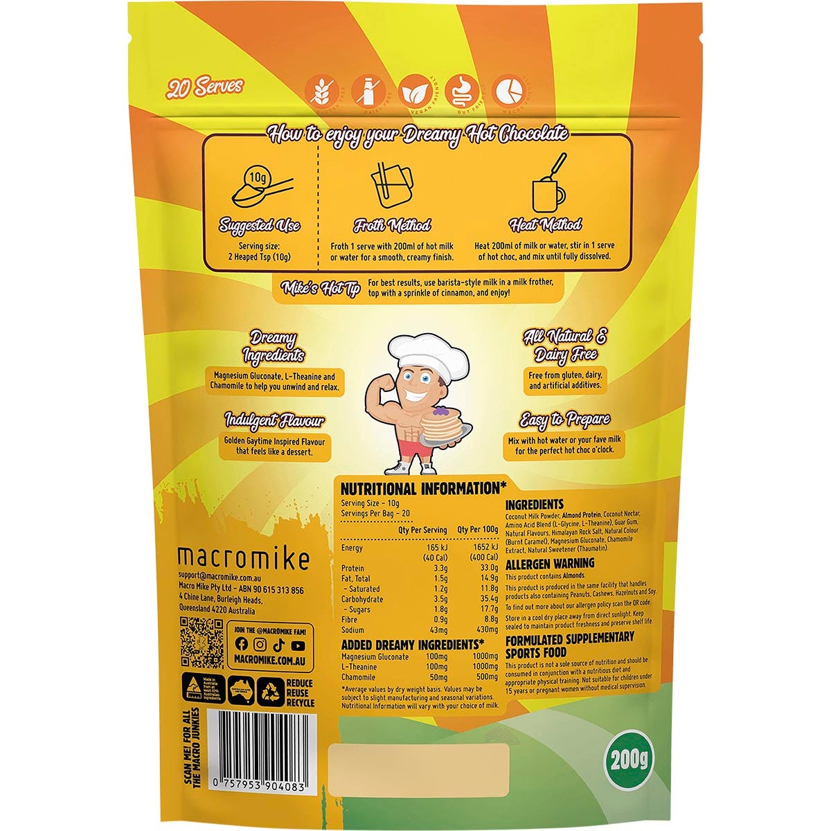 Back of Macro Mike Golden Gaytime Hot Chocolate bag showing nutritional facts and ingredients on a yellow background.