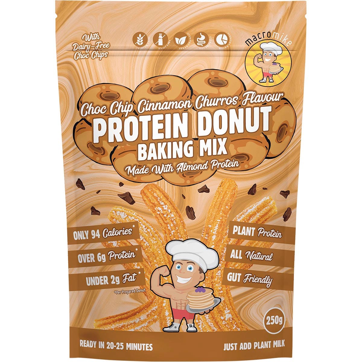 Macro Mike Choc Chip Cinnamon Churros Protein Donut Baking Mix 250g bag with a finished donut on the label.