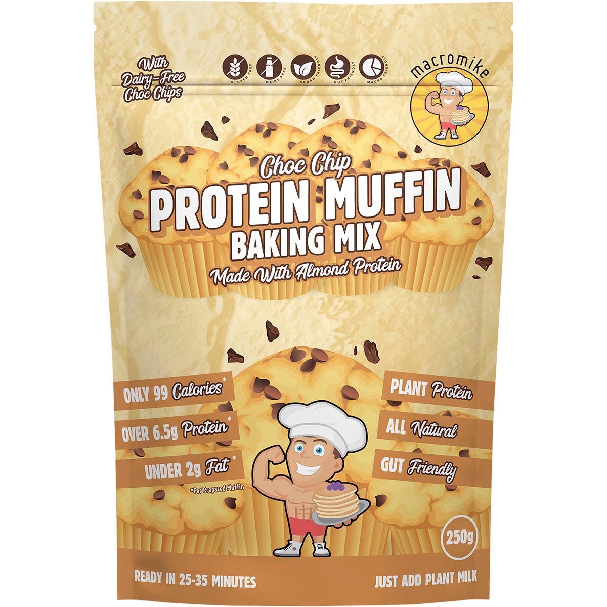 250g bag of Macro Mike Choc Chip Protein Muffin Baking Mix with a picture of stacked muffins and choc chips.