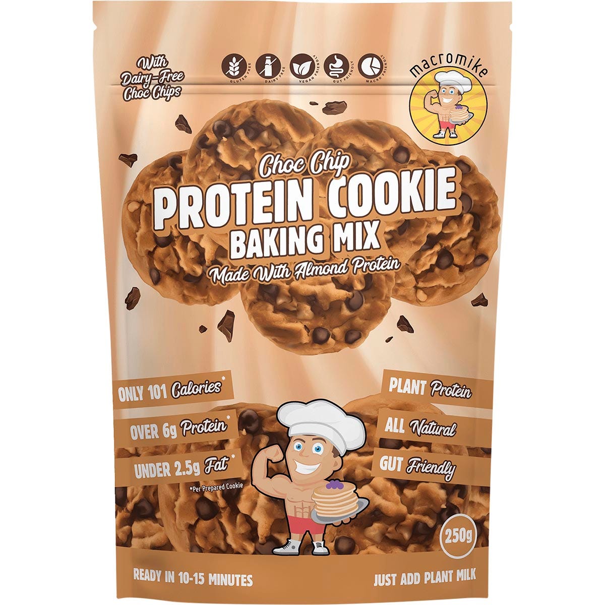 Macro Mike 250g Choc Chip Protein Cookie Baking Mix bag featuring a large cookie and plant-based protein callouts.