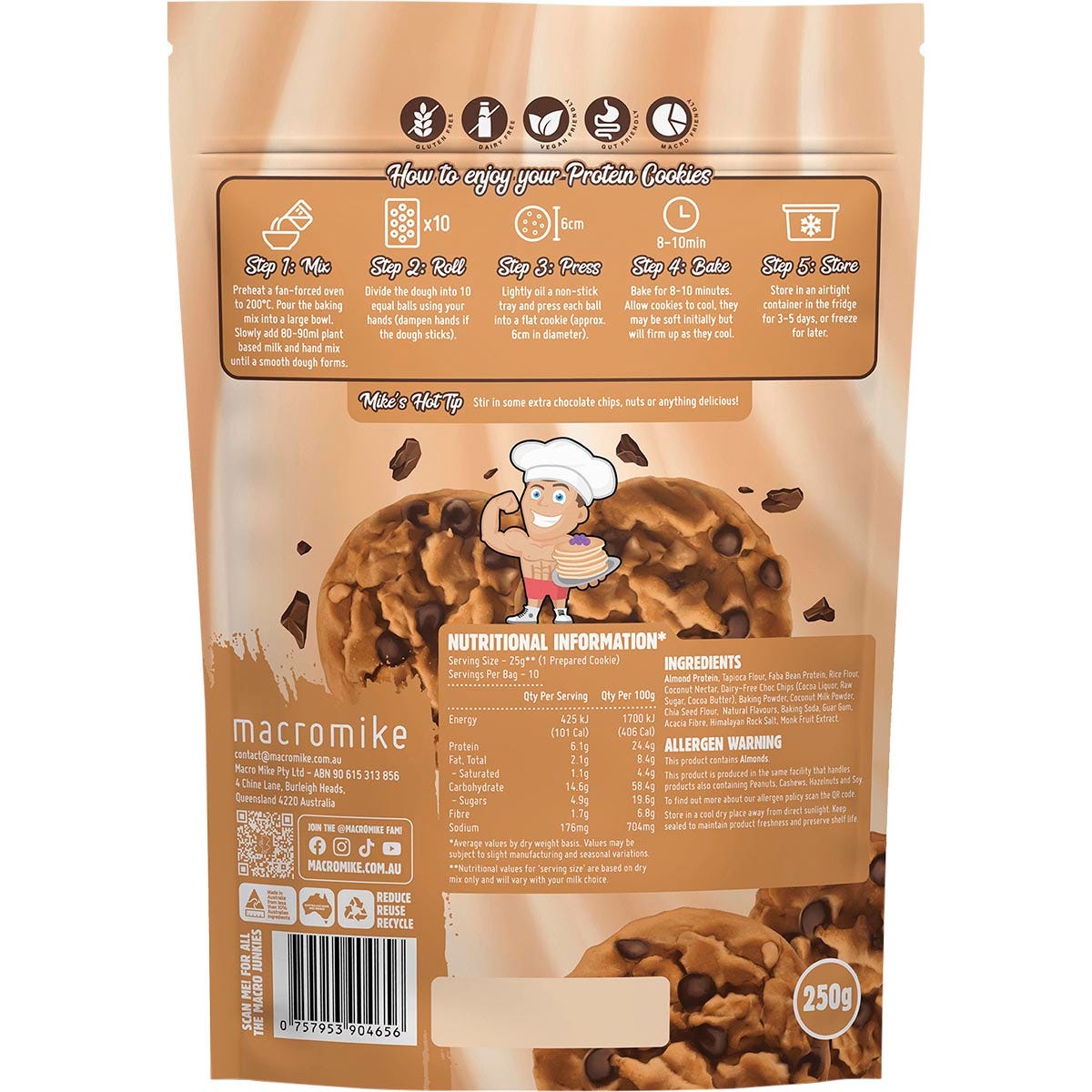 Back of Macro Mike Choc Chip Protein Cookie Mix bag showing nutritional facts, ingredients, and baking instructions.