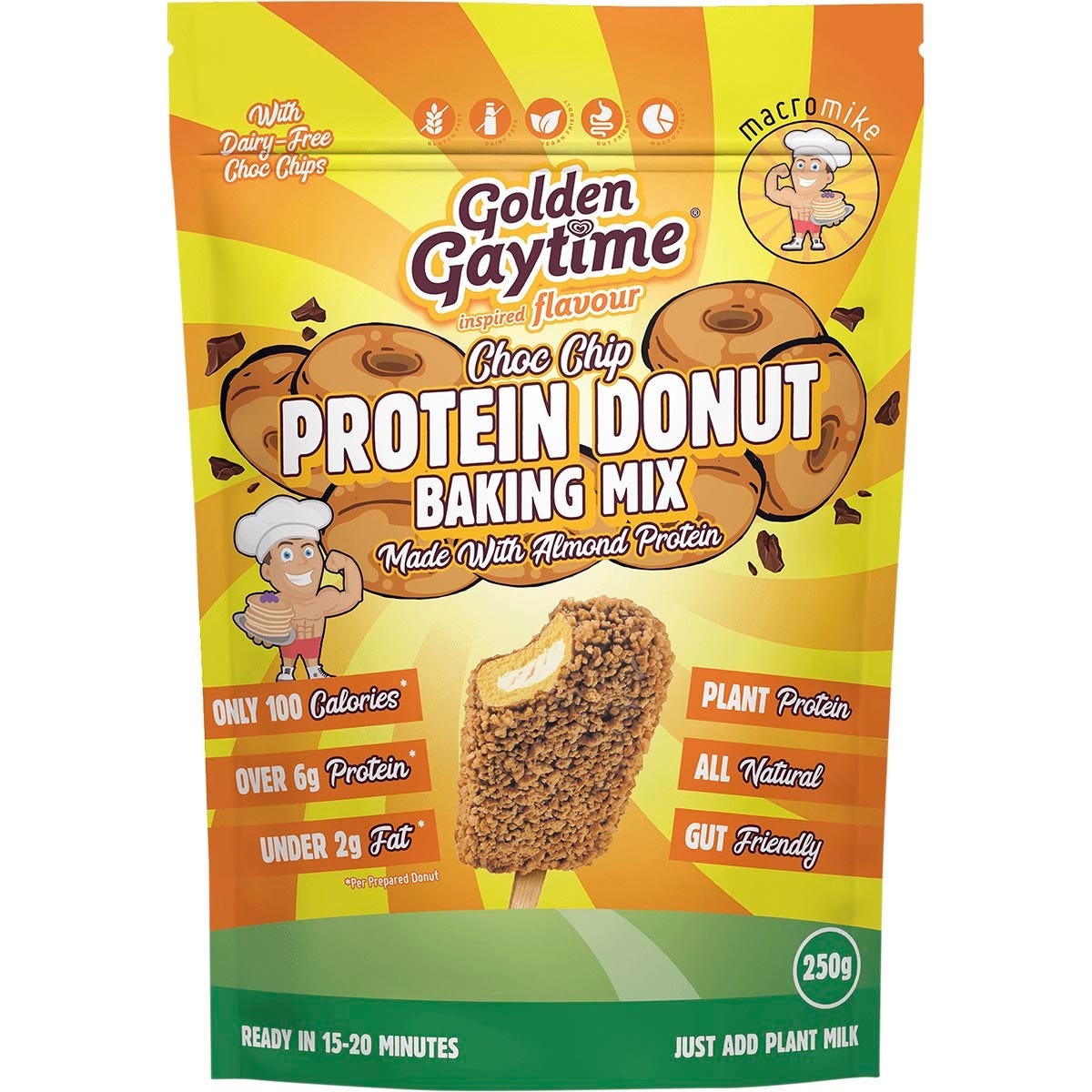 250g bag of Macro Mike x Golden Gaytime Choc Chip Protein Donut Baking Mix on a white background.
