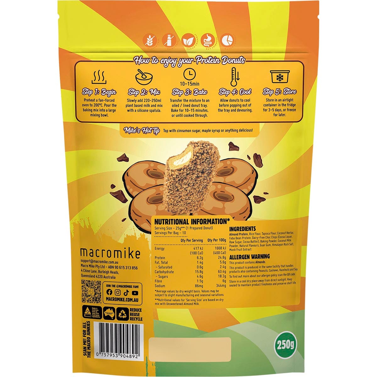 Back of a 250g Macro Mike x Golden Gaytime Protein Donut Baking Mix bag with nutrition facts and easy 3-step instructions.
