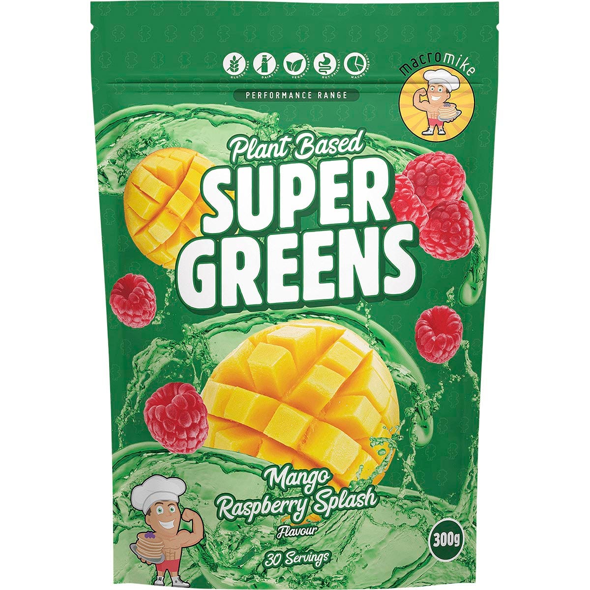 300g bag of Macro Mike Mango Raspberry Splash Super Greens with organic barley grass, spirulina, and kale.