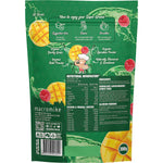 Back of Macro Mike Super Greens 300g bag showing ingredients and nutritional information for Mango Raspberry Splash.