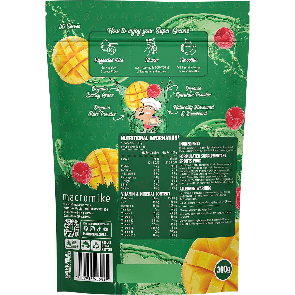 Back of Macro Mike Super Greens 300g bag showing ingredients and nutritional information for Mango Raspberry Splash.