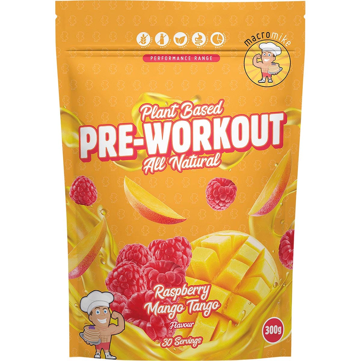 300g bag of Macro Mike Plant Based Pre-Workout in Raspberry Mango Tango flavor with tropical fruit illustrations.