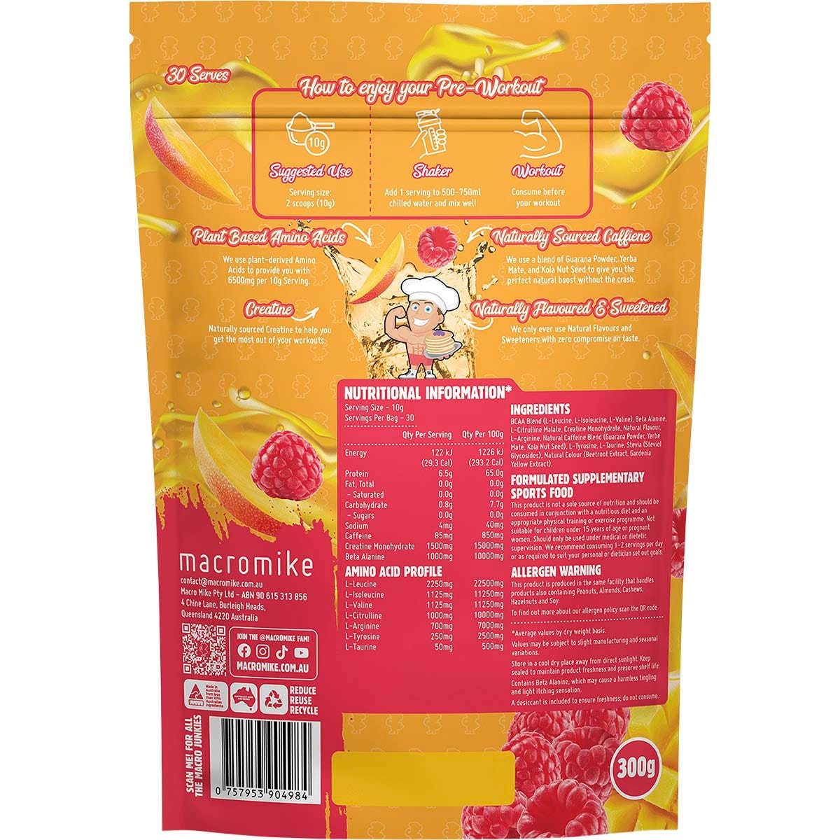Back of Macro Mike Raspberry Mango Tango 300g bag showing ingredients, nutrition panel, and plant-based icons.