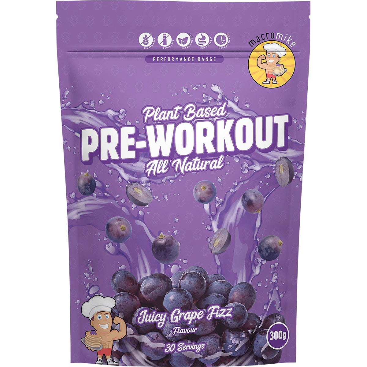 Macro Mike Juicy Grape Fizz 300g Pre-Workout bag with plant-based amino acids and natural caffeine on a white background.
