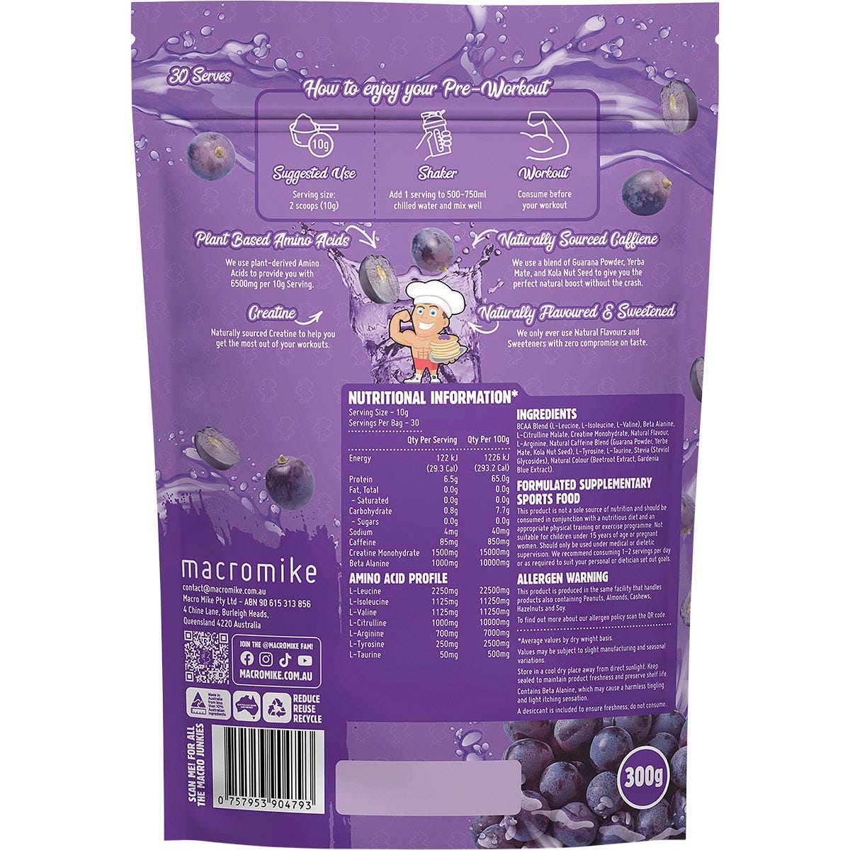 Back of Macro Mike Juicy Grape Fizz 300g bag showing nutritional information and ingredients on a white background.