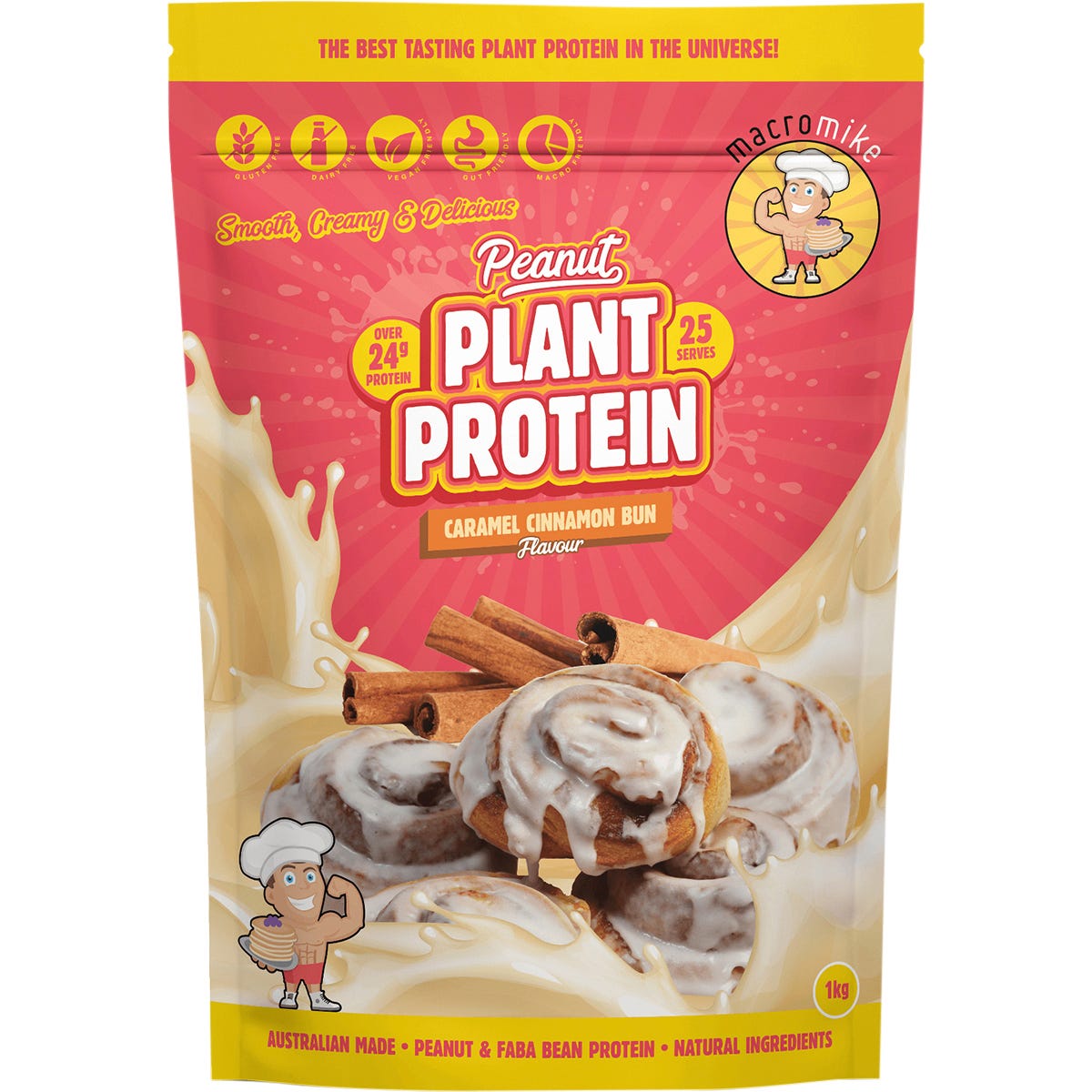 1kg tub of Macro Mike Caramel Cinnamon Bun Peanut Plant Protein with a beige and brown label.