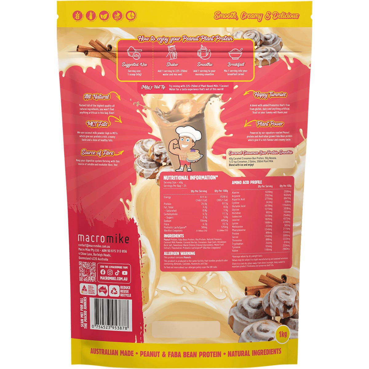 Macro Mike 1kg tub of Caramel Cinnamon Bun Peanut Plant Protein with a beige and brown label on a white background.