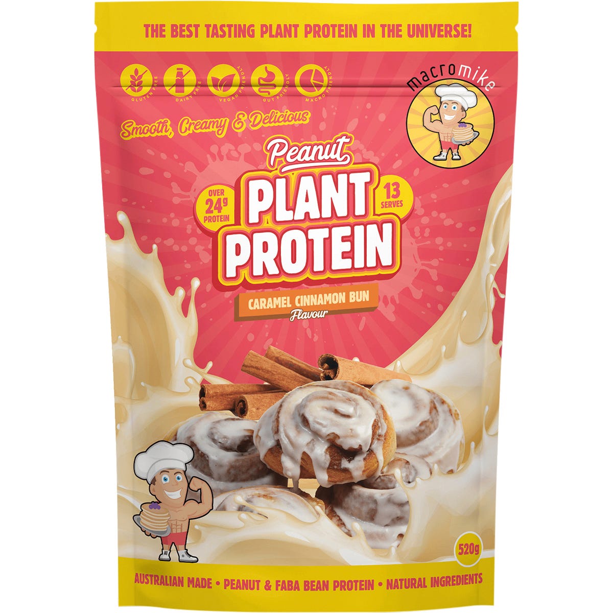 Macro Mike Peanut Plant Protein Caramel Cinnamon Bun 520g bag with a scoop and cinnamon sticks.