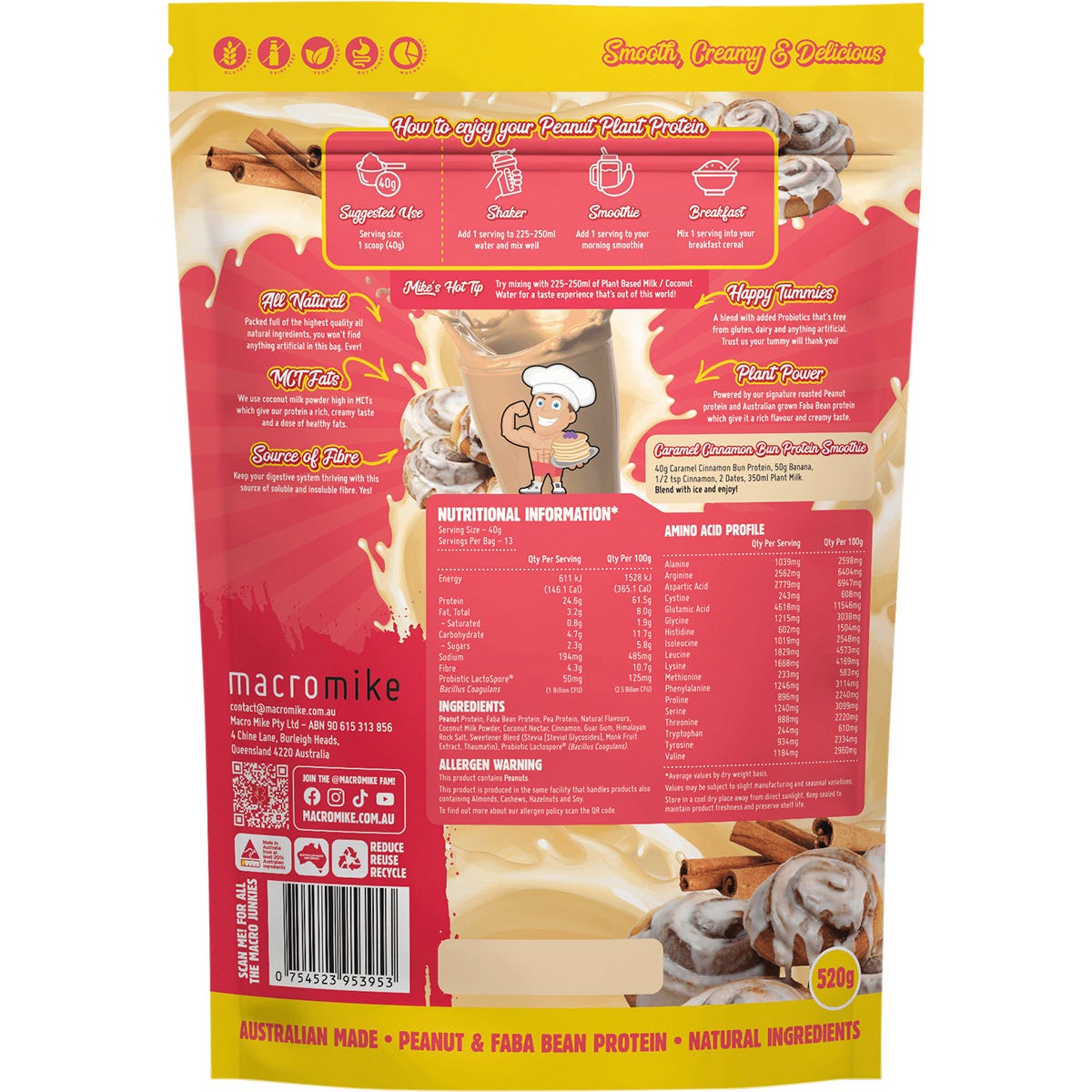 MACRO MIKE Peanut Plant Protein Caramel Cinnamon Bun 520g Payless 4 Organics