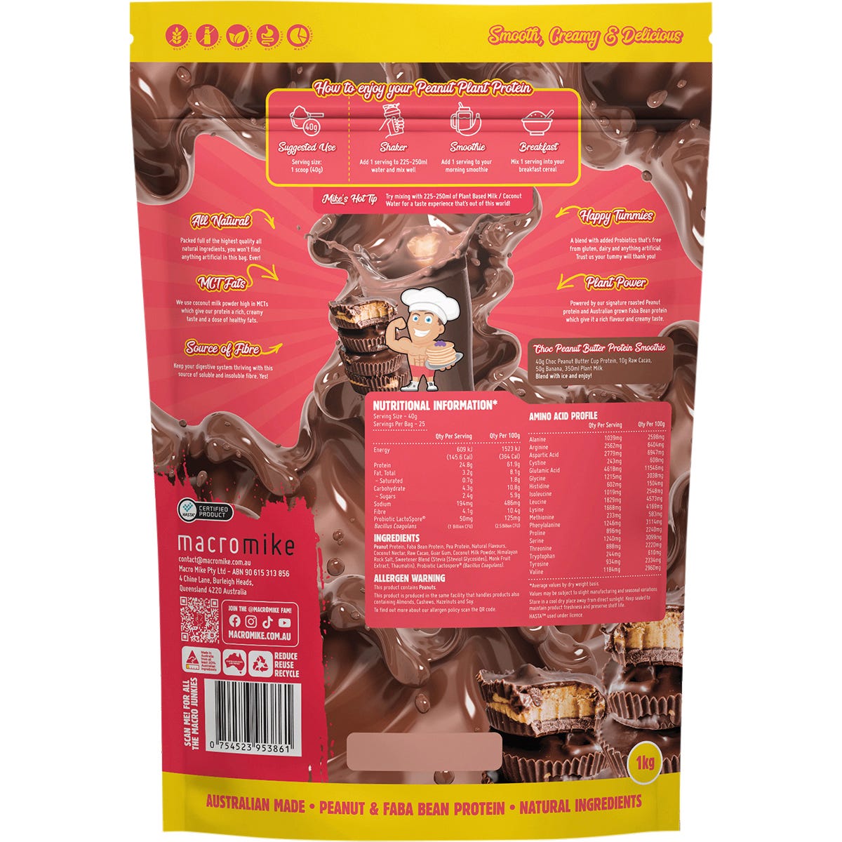 1kg bag of Macro Mike Choc Peanut Butter Cup Peanut Plant Protein against a white background.