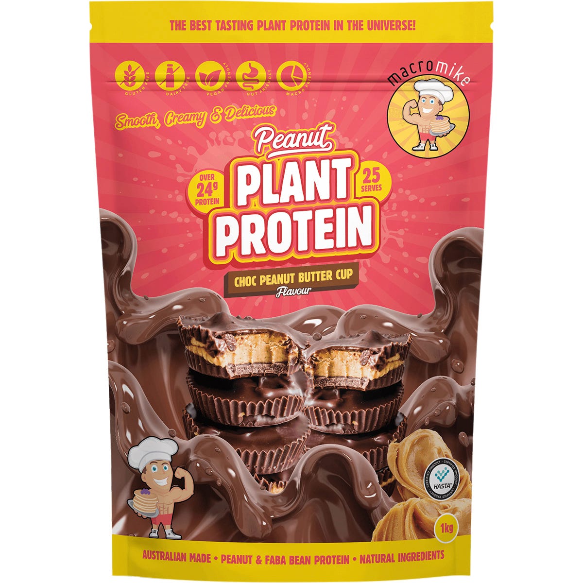 1kg bag of Macro Mike Choc Peanut Butter Cup Peanut Plant Protein with a chocolate peanut butter cup illustration.