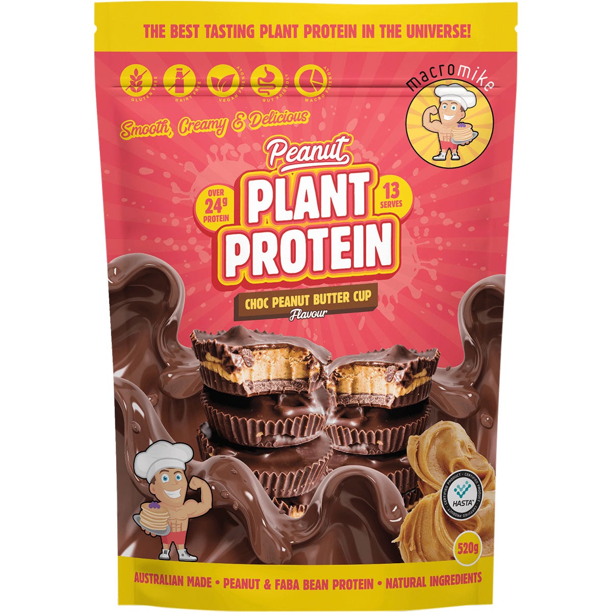 Macro Mike Peanut Plant Protein Choc Peanut Butter Cup 520g bag with a chocolate and peanut splash design.