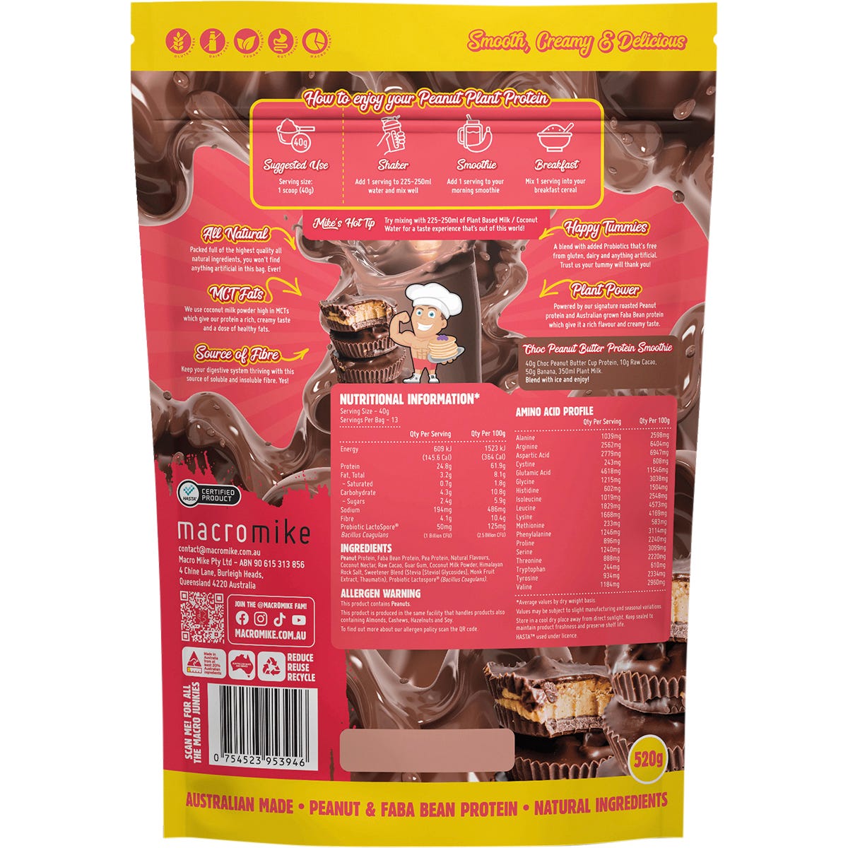 Macro Mike 520g bag of Choc Peanut Butter Cup plant protein with a chocolate and peanut splash design on a white background.