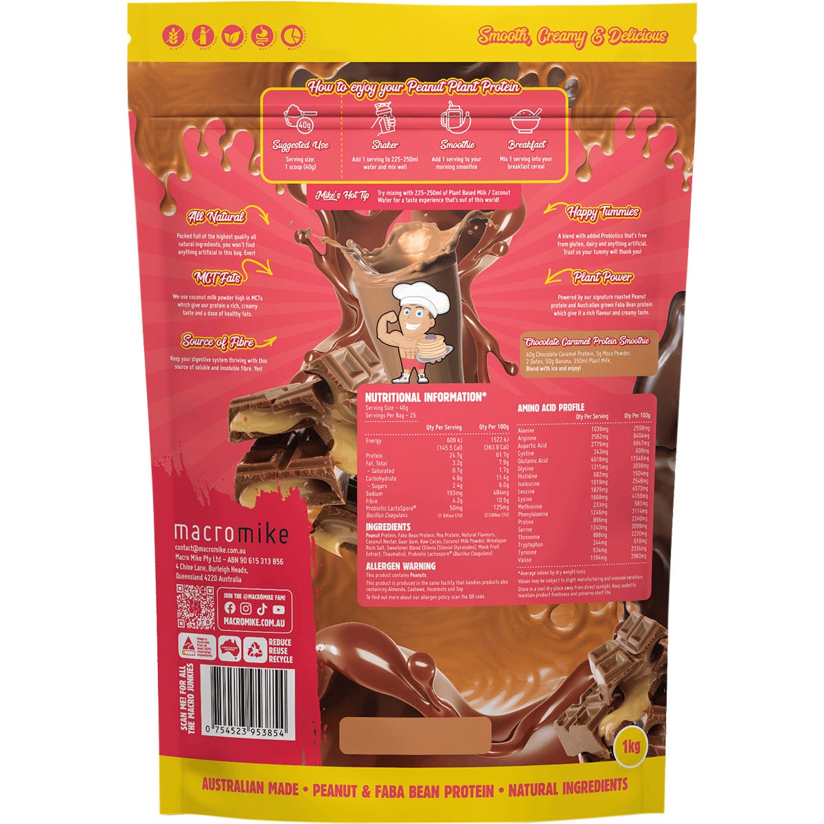 1kg bag of Macro Mike Chocolate Caramel Peanut Plant Protein next to a bowl of creamy protein shake with chocolate pieces.