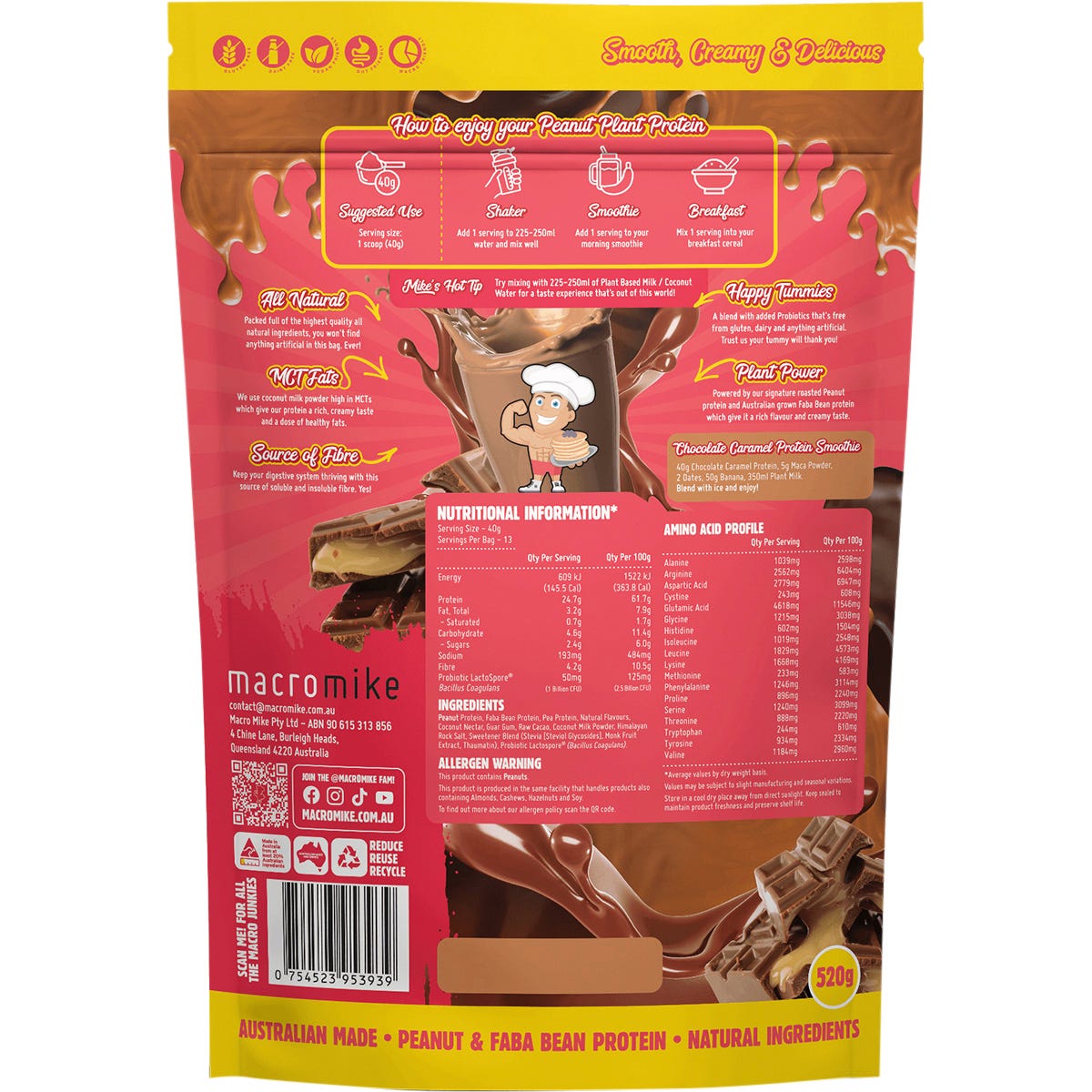 Back of a 520g bag of Macro Mike Chocolate Caramel Peanut Plant Protein showing ingredients and nutritional information.