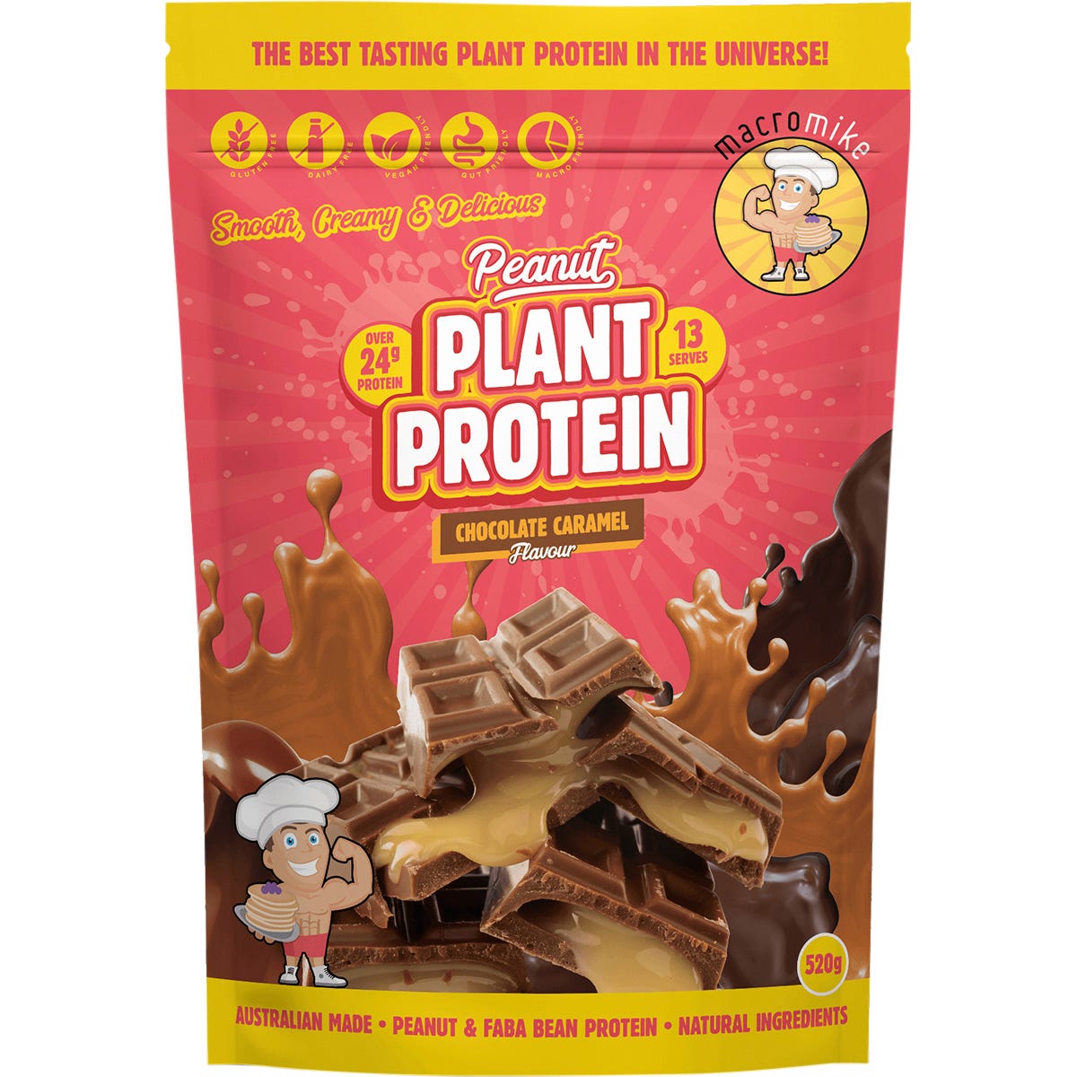 520g bag of Macro Mike Chocolate Caramel Peanut Plant Protein with a depiction of chocolate and caramel.