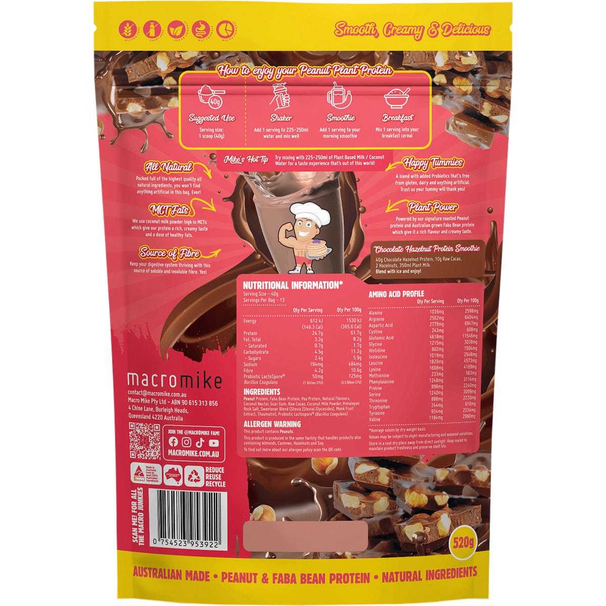 Macro Mike Chocolate Hazelnut Peanut Plant Protein 520g bag shown from an angled view on a white background.