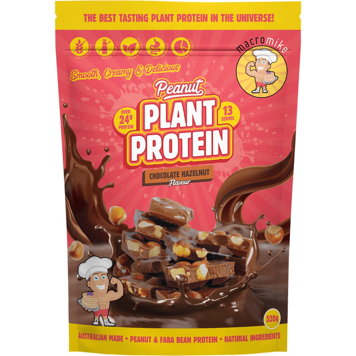 520g bag of Macro Mike Chocolate Hazelnut Peanut Plant Protein with a creamy chocolate and nut illustration.