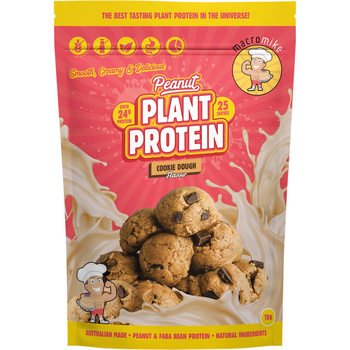 1kg bag of Macro Mike Peanut Plant Protein in Cookie Dough flavor with a peanut and cookie illustration.