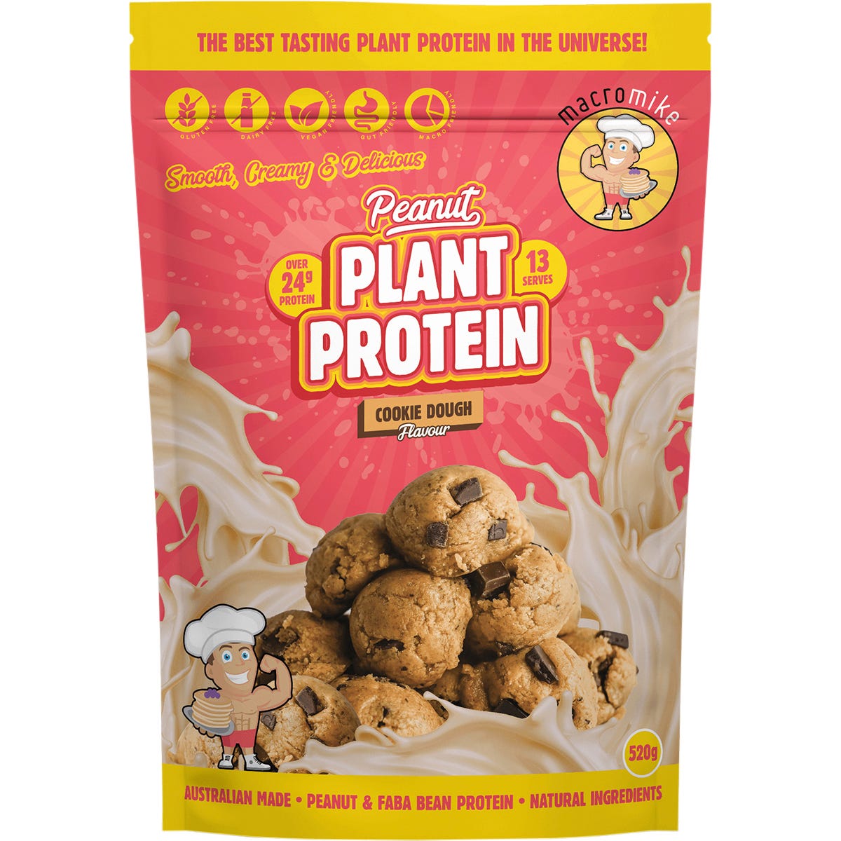 520g bag of Macro Mike Peanut Plant Protein in Cookie Dough flavor featuring a smooth and creamy texture.
