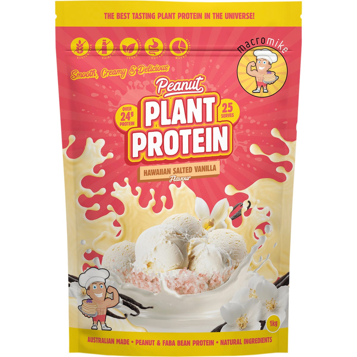 1kg bag of Macro Mike Hawaiian Salted Vanilla Peanut Plant Protein on a white background.