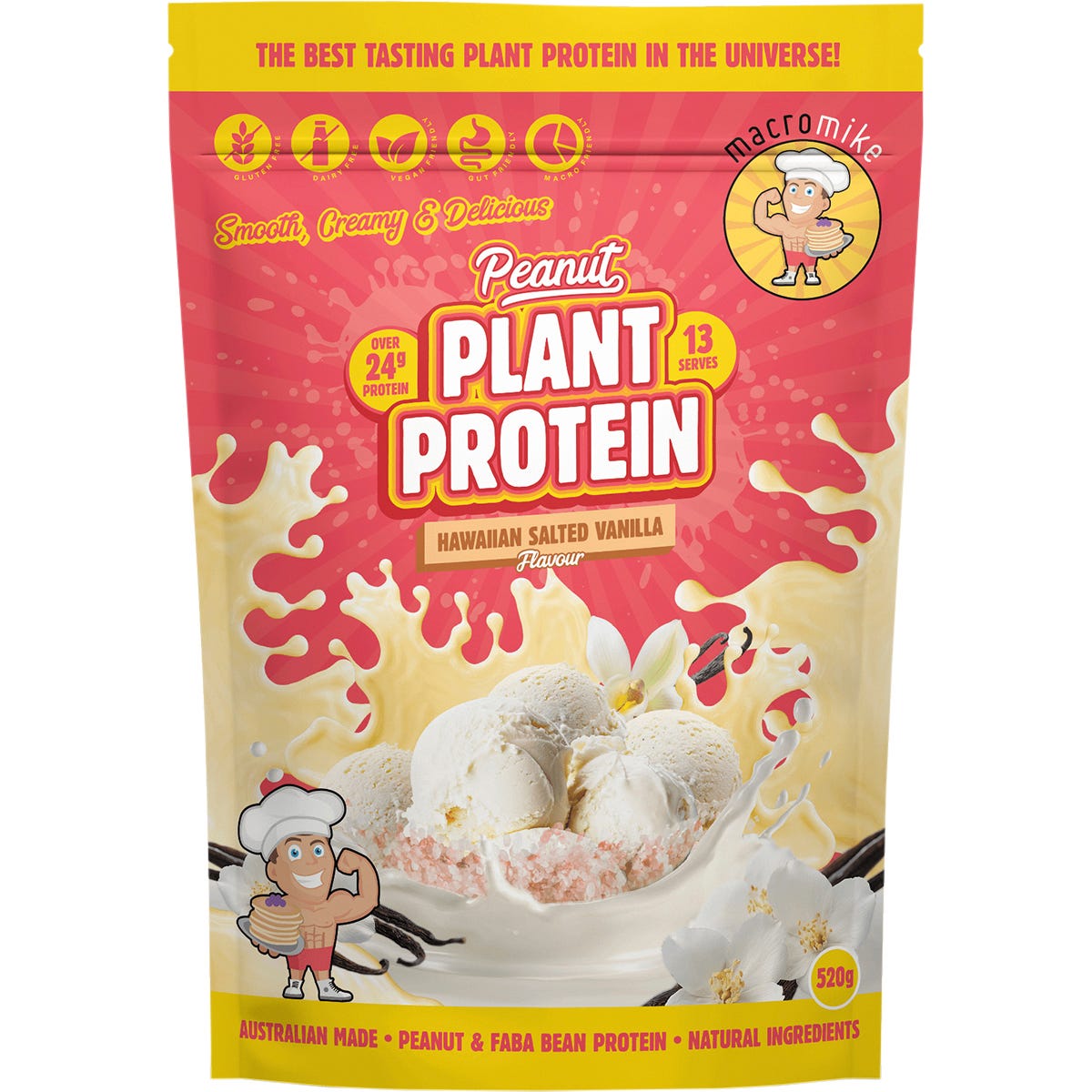 Macro Mike Peanut Plant Protein Hawaiian Salted Vanilla 520g bag with a scoop and peanut illustrations.