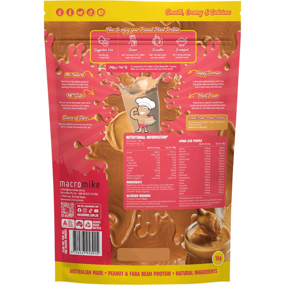 Macro Mike Original Peanut Butter Plant Protein 1kg bag shown against a plain white background.
