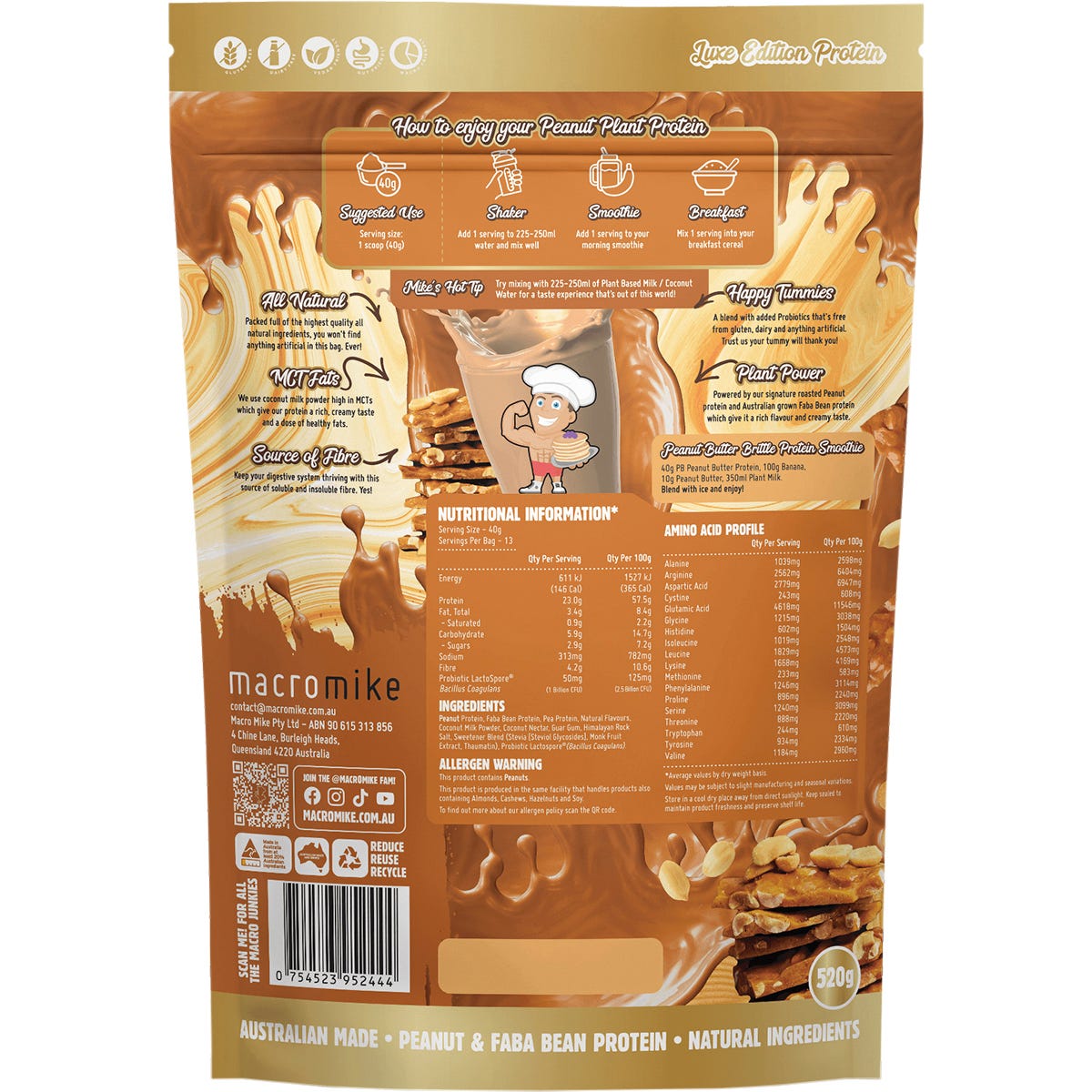 MACRO MIKE Peanut Plant Protein Peanut Butter Brittle 520g Payless 4 Organics