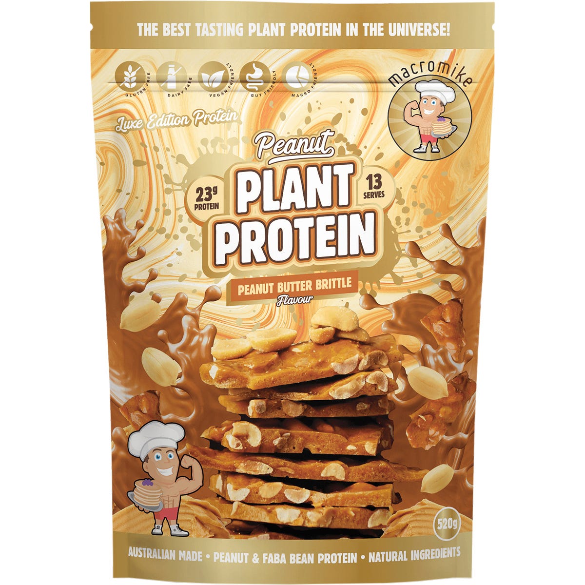 Macro Mike Peanut Butter Brittle Peanut Plant Protein 520g bag with a scoop and peanut graphics on a white background.