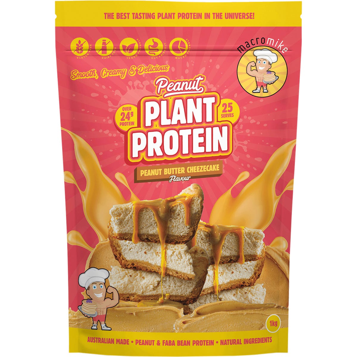 1kg bag of Macro Mike Peanut Plant Protein in Peanut Butter Cheezecake flavor with a yellow and blue label.