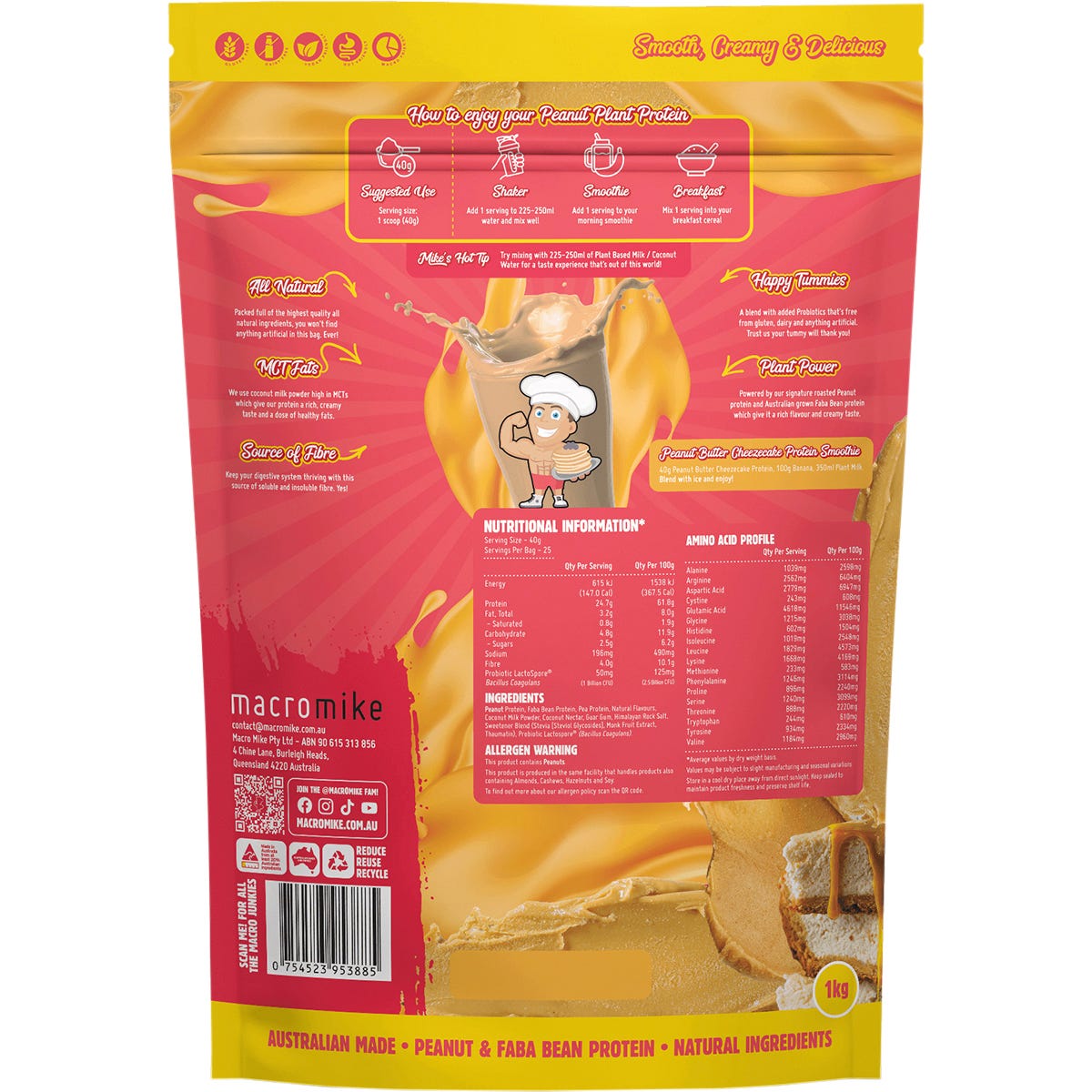 Yellow and blue 1kg bag of Macro Mike Peanut Plant Protein in Peanut Butter Cheezecake flavor on a white background.