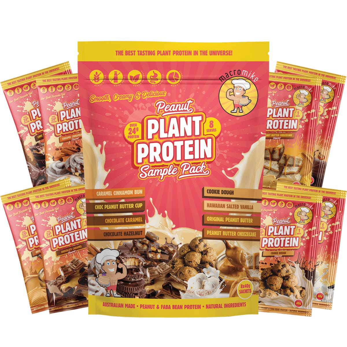 Macro Mike Peanut Plant Protein Sample Pack featuring 8 assorted 40g sachets on a white background.