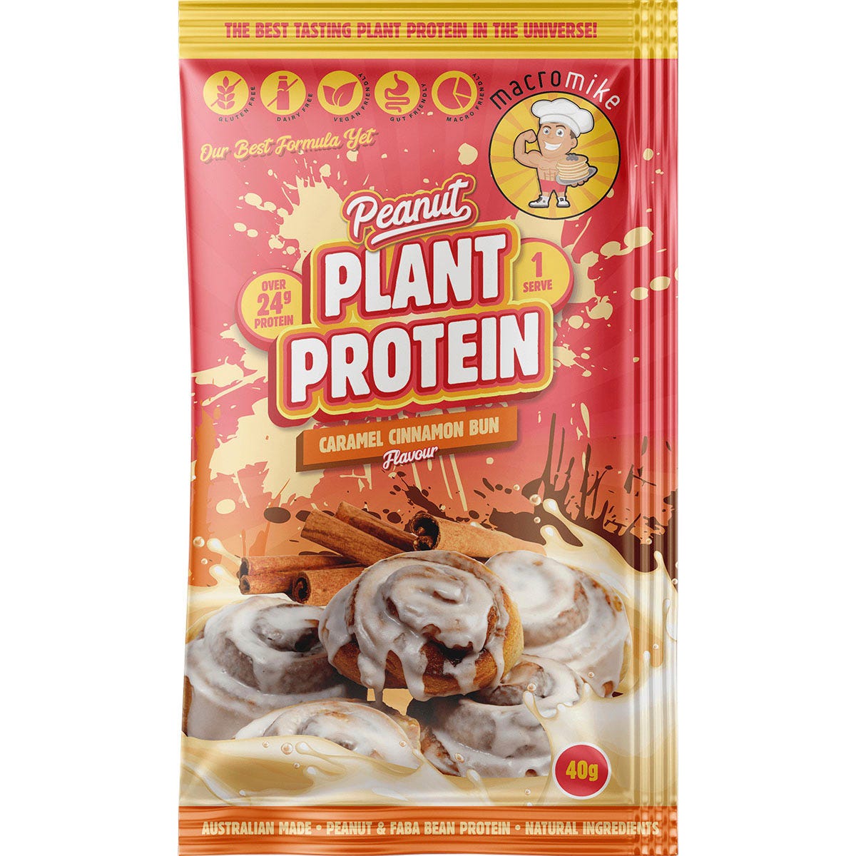 Assorted 40g sachets of Macro Mike Peanut Plant Protein flavors arranged on a white background.