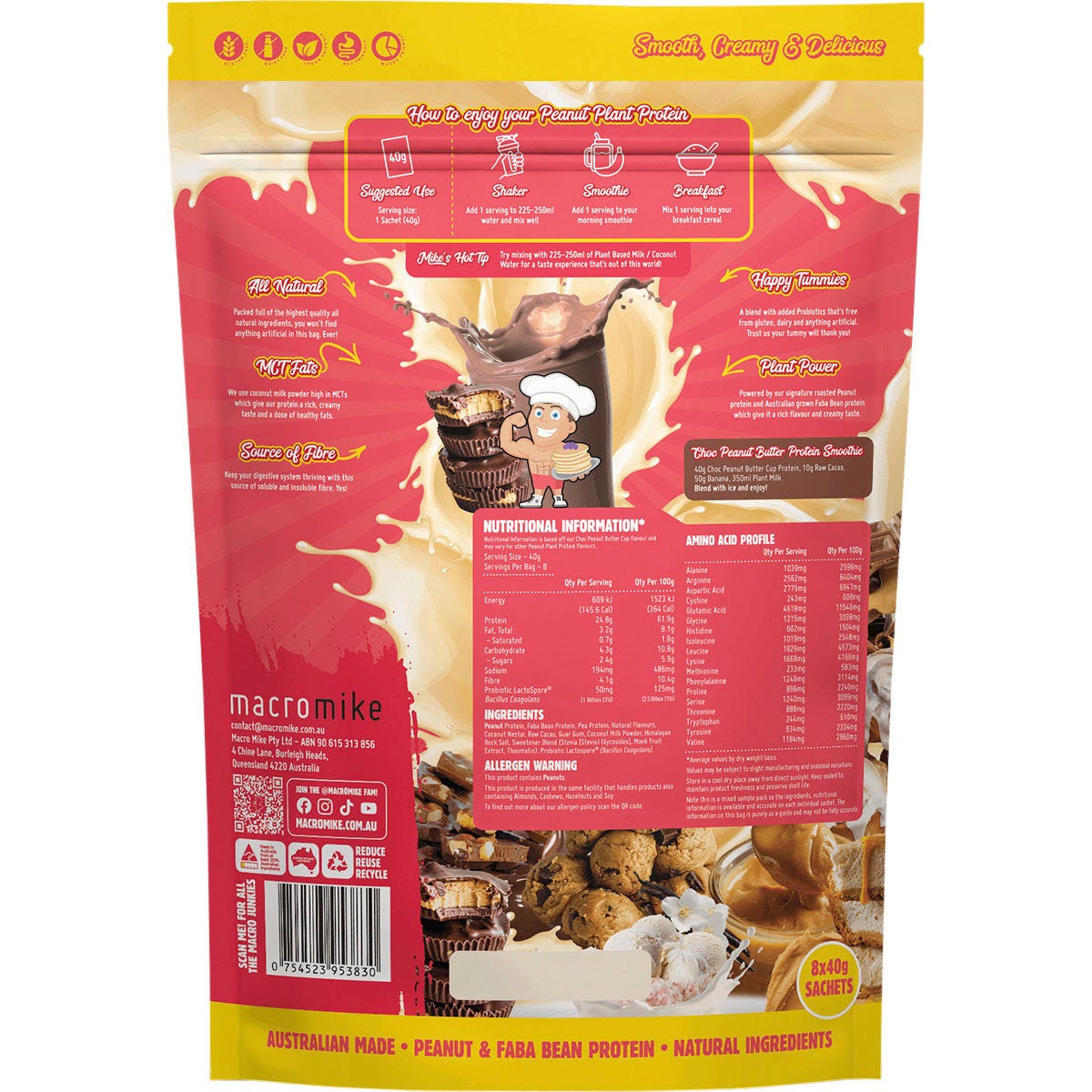 Assorted 40g sachets of Macro Mike Peanut Plant Protein flavors arranged on a white background.