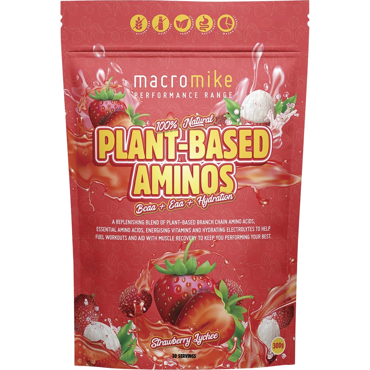 300g tub of Macro Mike Plant-Based Hydration Aminos in Strawberry Lychee flavor on a white background.
