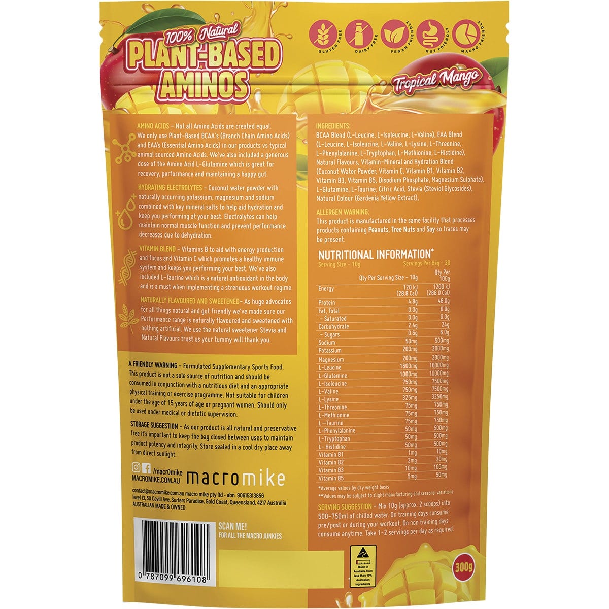 300g bag of Macro Mike Tropical Mango Plant Based Aminos with a yellow label and tropical fruit illustrations.