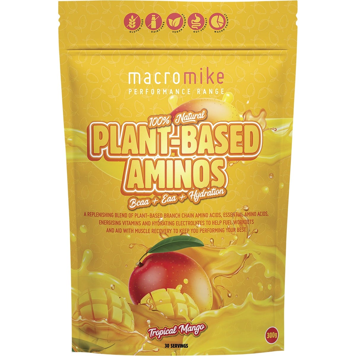 300g bag of Macro Mike Tropical Mango Plant Based Aminos with a yellow label and tropical fruit illustrations.