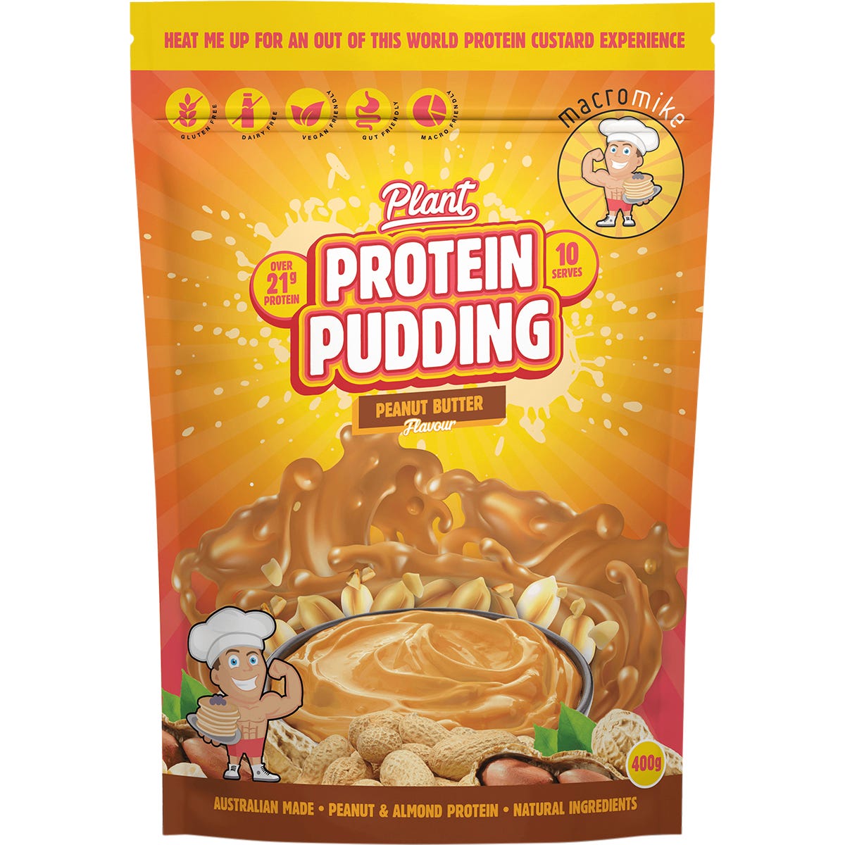 400g bag of Macro Mike Choc Peanut Truffle Fudge Plant Protein Pudding with cookie chunks on a white background.