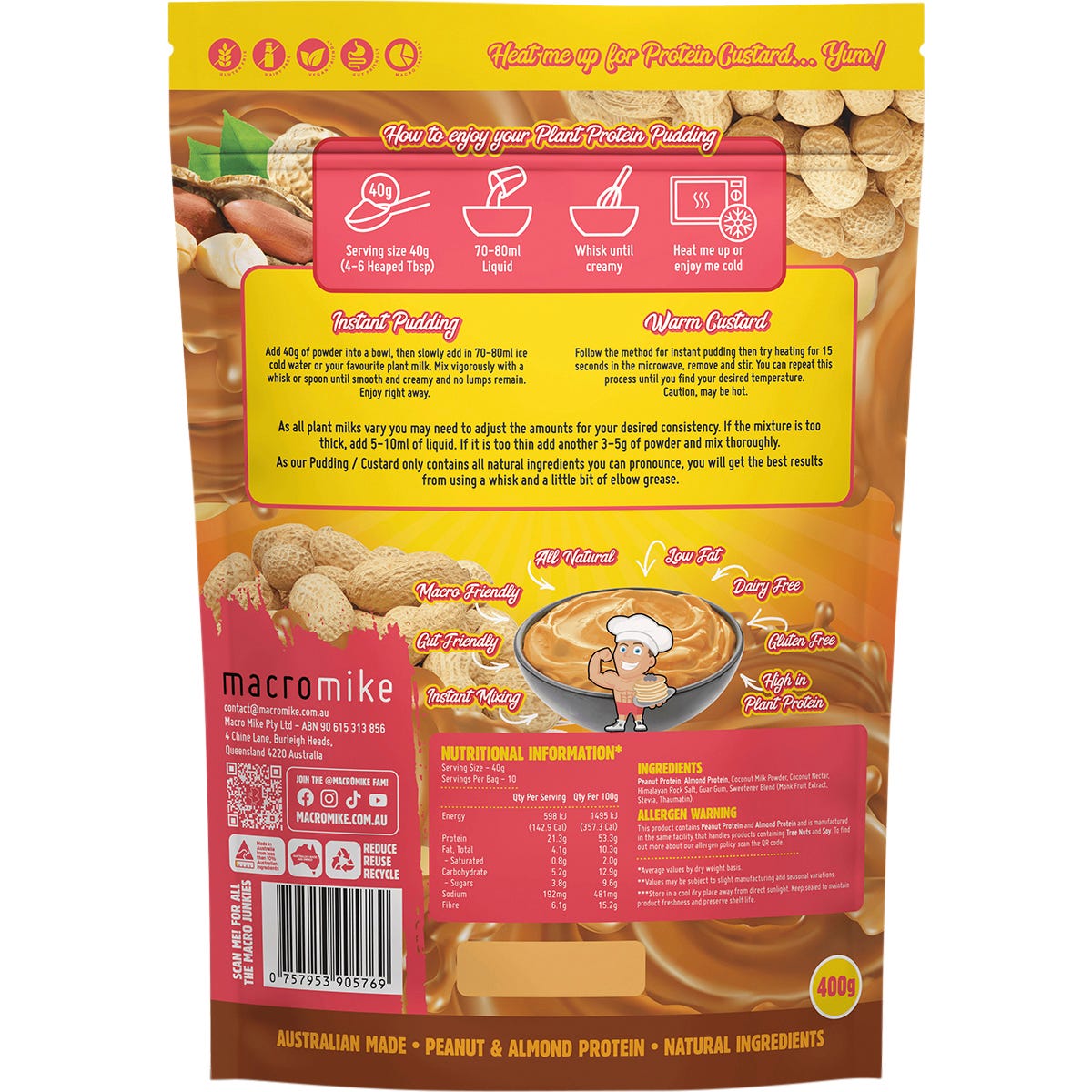Back of 400g Macro Mike Choc Peanut Truffle Fudge Plant Protein Pudding bag with nutritional info and ingredients.