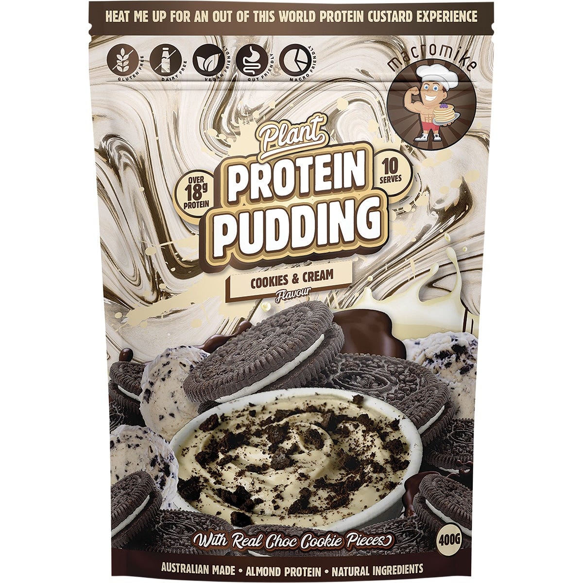 Macro Mike Cookies & Cream Plant Protein Pudding 400g bag with a bowl of pudding and cookie pieces.
