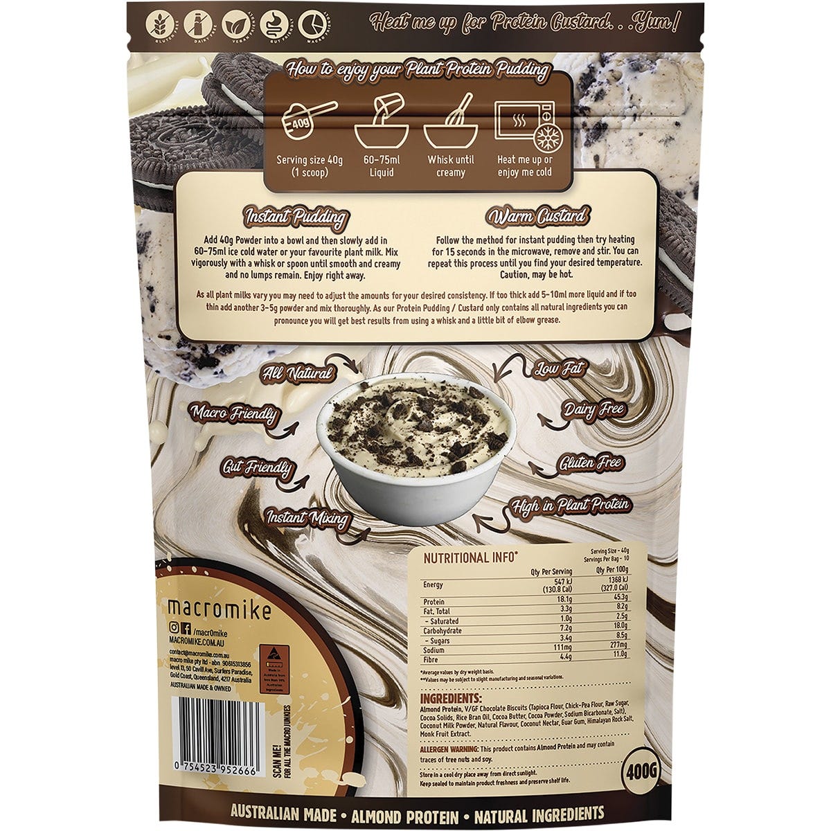 Back of Macro Mike Cookies & Cream Plant Protein Pudding 400g bag with nutrition facts, ingredients, and directions.