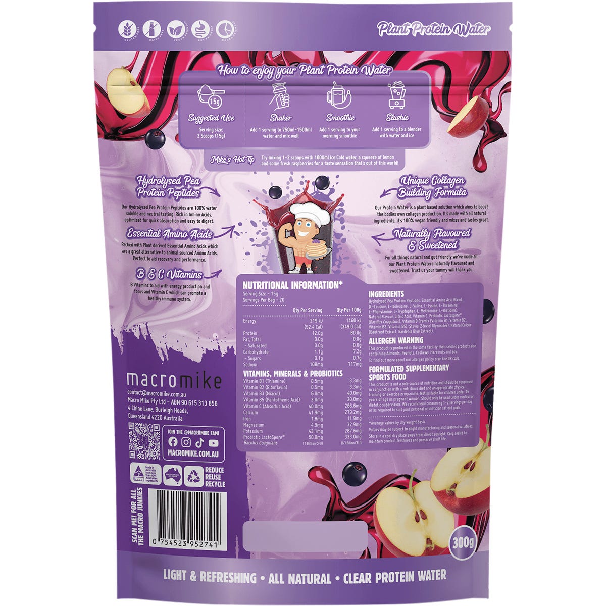 Macro Mike 300g Apple Blackcurrant Plant Protein Water pouch showing the back with ingredients and nutritional information.